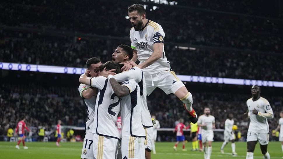 Pemain Real Madrid Merayakan Kemenangan , Bungkam Bayern Munchen 2-1 dan Melaju ke Final Liga Champions (AP Photo/Bernat Armangue)